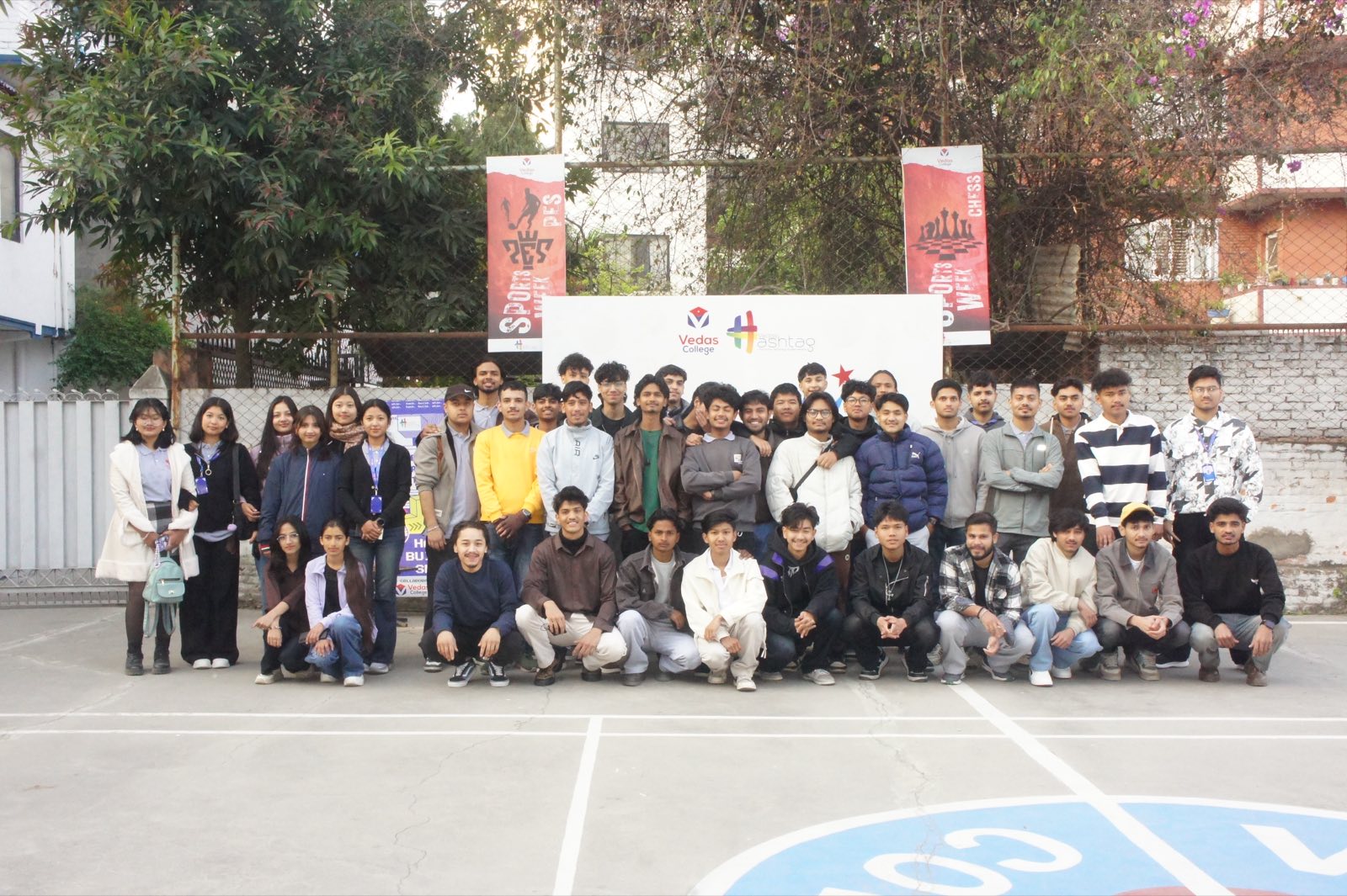 Life at Vedas College — students gathered on the campus court during Sports Week